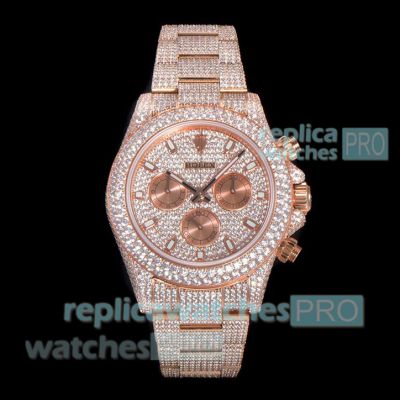Luxury Clone Iced Out Rolex Cosmograph Daytona Rose Gold Diamond 7750 Watch 